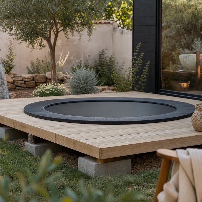 Cadre de trampoline ancré sur plots béton avec plateforme en dalles bois clair