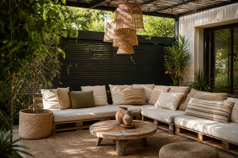 Coin salon intérieur d'une pergola de jardin avec banquette en palettes, coussins et table basse ronde