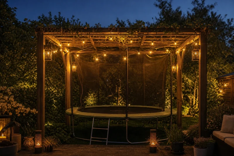 Pergola trampoline illuminée à la nuit tombée avec guirlande d'ampoules ambrées et lanternes solaires