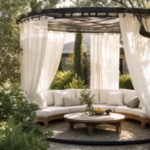 Cadre de trampoline recyclé en pergola ronde avec voilages en lin et coin salon dans un jardin français