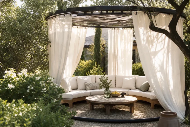 Cadre de trampoline recyclé en pergola ronde avec voilages en lin et coin salon dans un jardin français