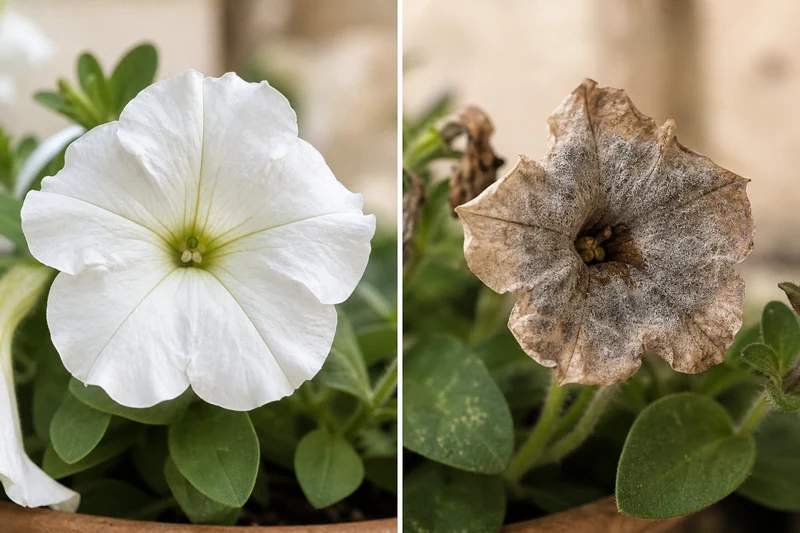 Comparaison entre une fleur de pétunia saine et une fleur atteinte de pourriture grise