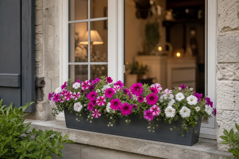 Jardinière de pétunias redressée et refleurie une semaine après les gestes de sauvetage