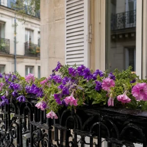 Jardinière de pétunias violets et roses affalés après un orage sur un balcon parisien