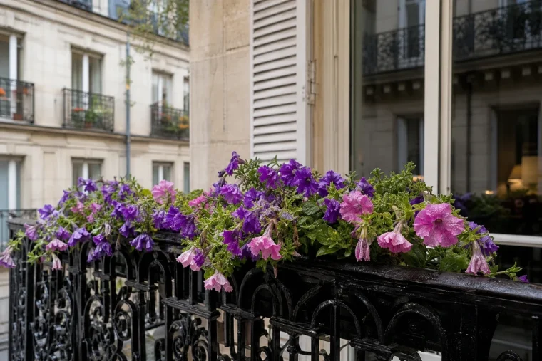Jardinière de pétunias violets et roses affalés après un orage sur un balcon parisien