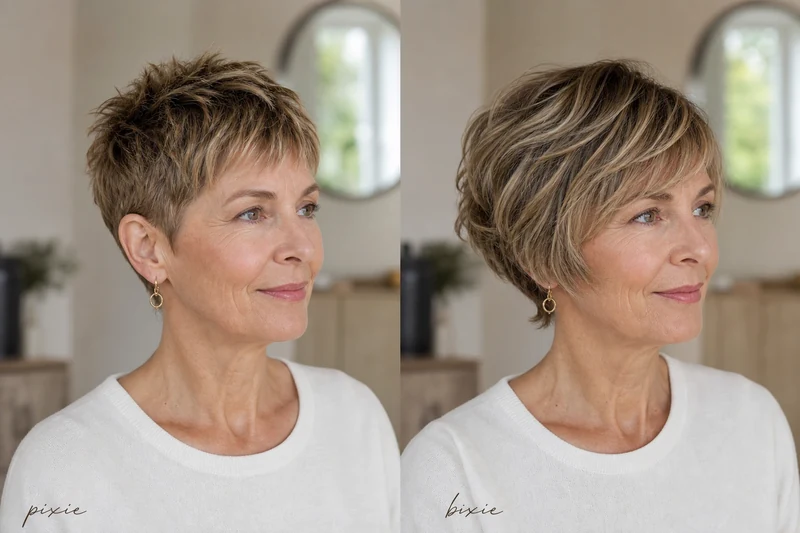 Comparatif visuel côte à côte pixie et bixie sur une même femme de 62 ans