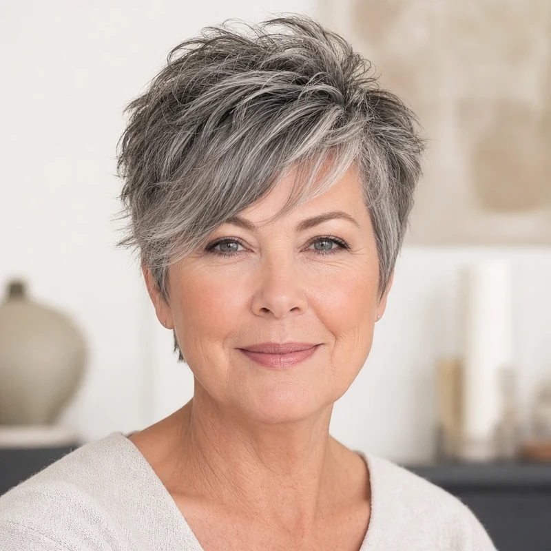 Pixie texturée avec volume sur le dessus adaptée à un visage rond, femme de 60 ans