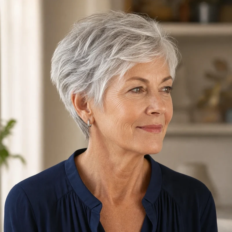 Vue de profil d'une bixie sur cheveux blancs montrant les mèches effilées à la nuque