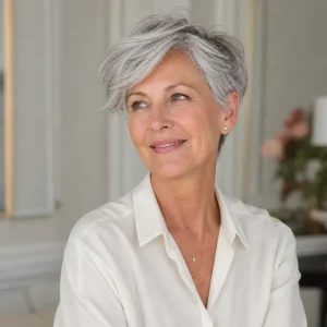 Femme de 65 ans aux cheveux gris argenté portant une coupe bixie moderne aux côtés effilés