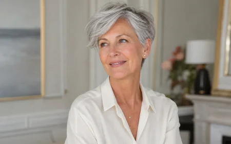 Femme de 65 ans aux cheveux gris argenté portant une coupe bixie moderne aux côtés effilés