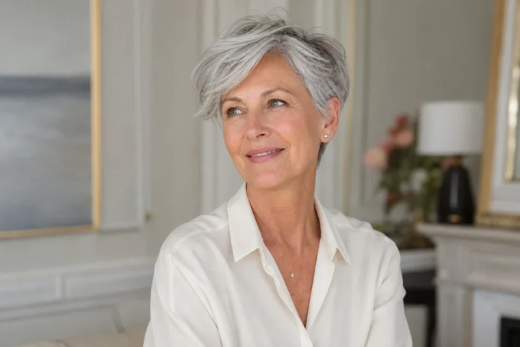 Femme de 65 ans aux cheveux gris argenté portant une coupe bixie moderne aux côtés effilés