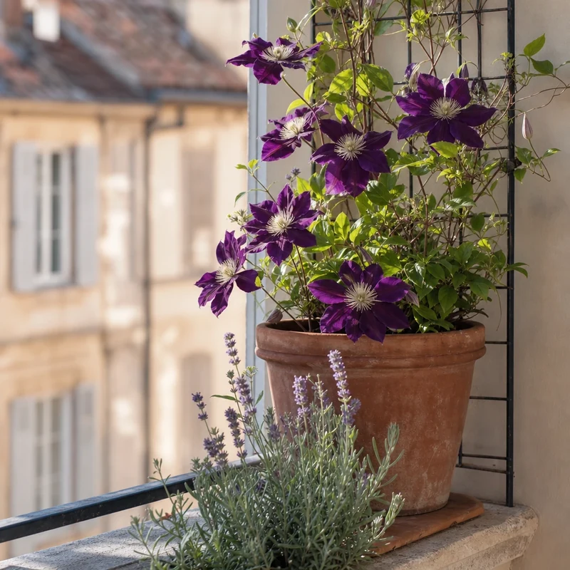 Clématite violette en pot avec tuile protégeant le pied du soleil sur un balcon