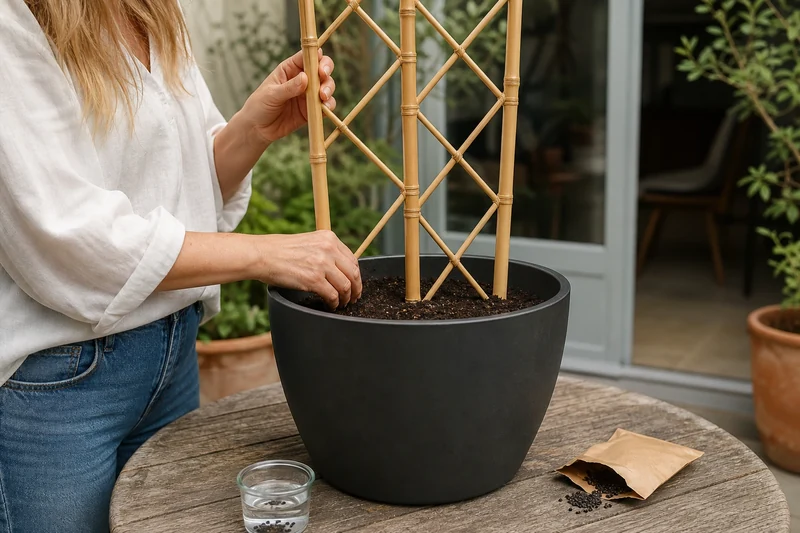 Installation d'un treillis en bambou dans un pot avant semis d'ipomée trempées