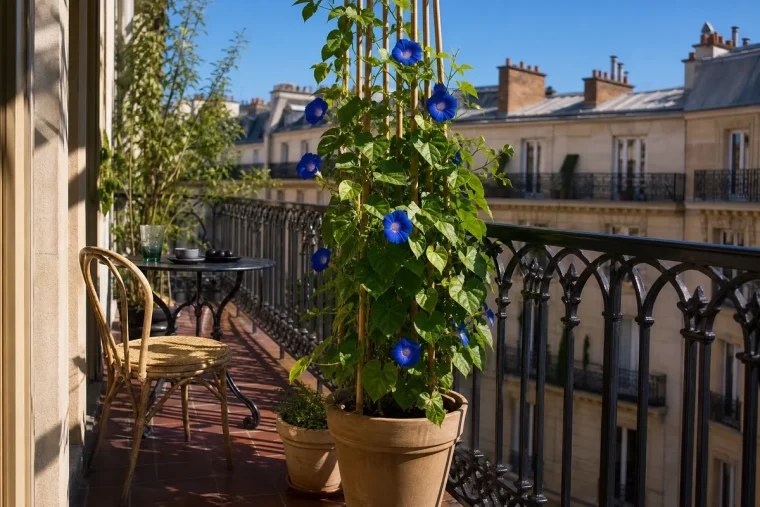 Ipomée à fleurs bleues grimpant sur un treillis en bambou et ombrageant un balcon parisien