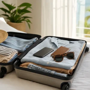 Valise ouverte sur un lit avec un téléphone et un passeport posés dessus
