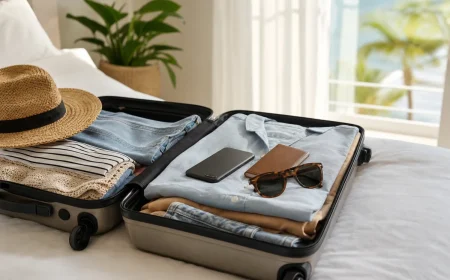 Valise ouverte sur un lit avec un téléphone et un passeport posés dessus