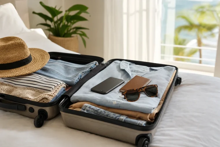 Valise ouverte sur un lit avec un téléphone et un passeport posés dessus