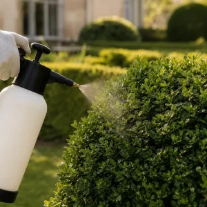 Pulvérisation d'un traitement bio BTK sur une haie de buis atteinte par la pyrale en été