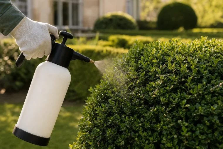 Pulvérisation d'un traitement bio BTK sur une haie de buis atteinte par la pyrale en été