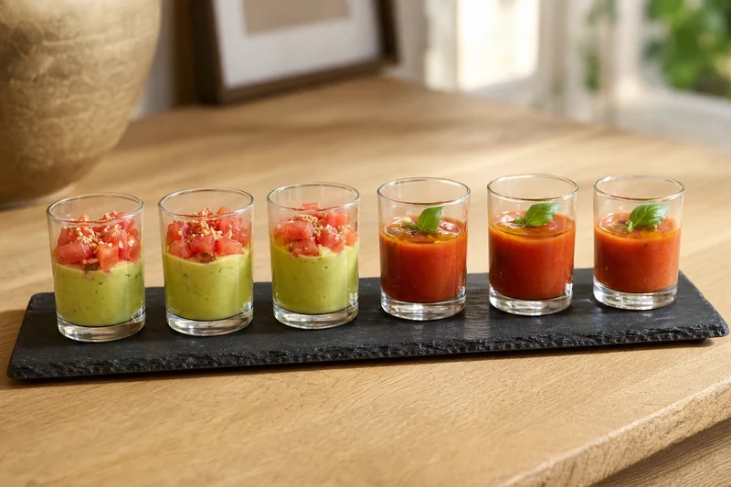 Six verrines transparentes alignées sur ardoise, mousse d'avocat et gaspacho de tomate