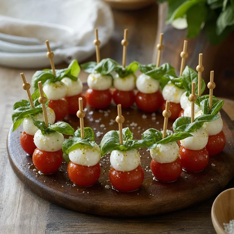 Brochettes tomate-cerise, mozzarella et basilic disposées en cercle sur planche en bois