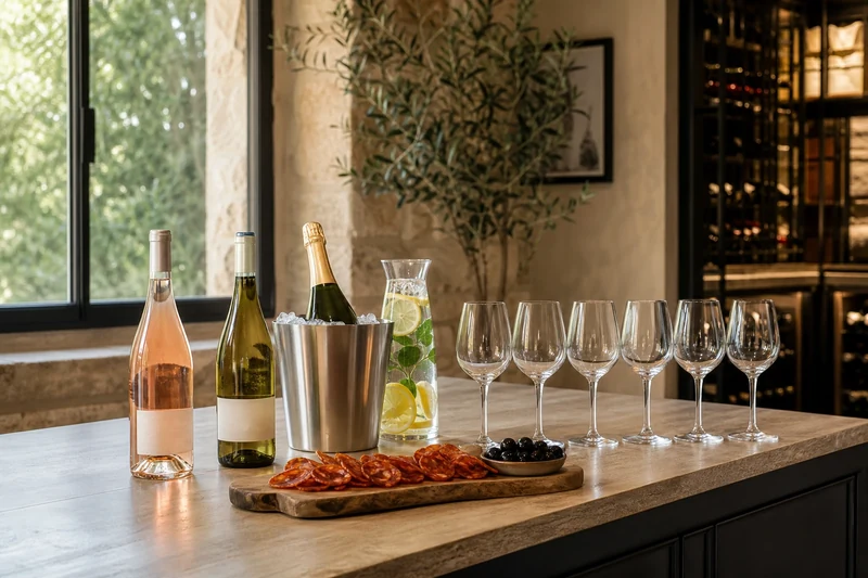 Rosé, blanc, champagne et carafe d'eau alignés sur plan de travail avec six verres à vin