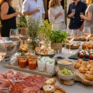 Table d'apéro dînatoire d'été garnie de verrines, brochettes, feuilletés et plateau de charcuterie sur nappe en lin beige