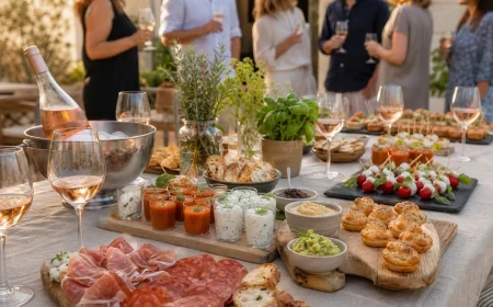 Table d'apéro dînatoire d'été garnie de verrines, brochettes, feuilletés et plateau de charcuterie sur nappe en lin beige