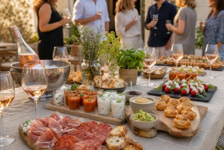 Table d'apéro dînatoire d'été garnie de verrines, brochettes, feuilletés et plateau de charcuterie sur nappe en lin beige