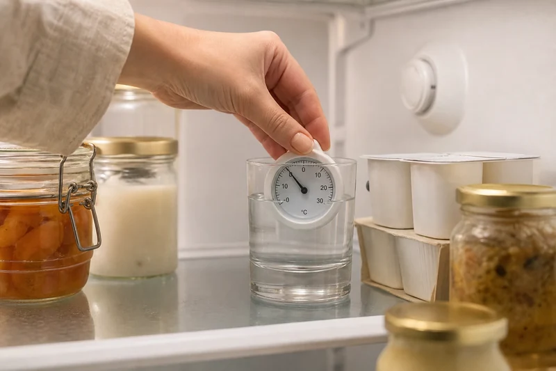 Thermomètre placé dans un verre d'eau pour mesurer la vraie température du frigo