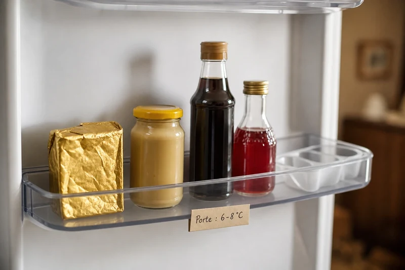 Porte du frigo réservée au beurre et aux condiments, pas aux œufs ni au lait ouvert