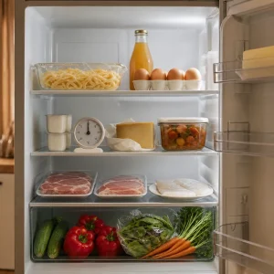 Réfrigérateur ouvert avec aliments rangés par zones de froid pendant la canicule