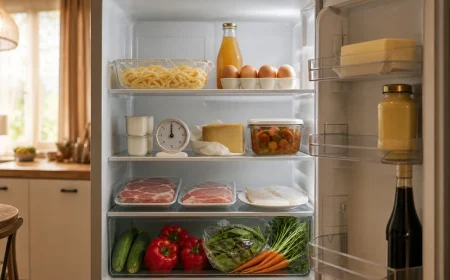 Réfrigérateur ouvert avec aliments rangés par zones de froid pendant la canicule