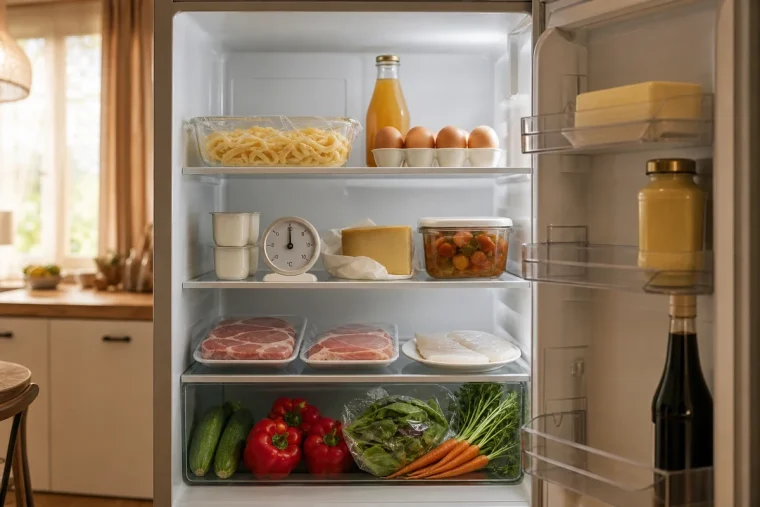 Réfrigérateur ouvert avec aliments rangés par zones de froid pendant la canicule