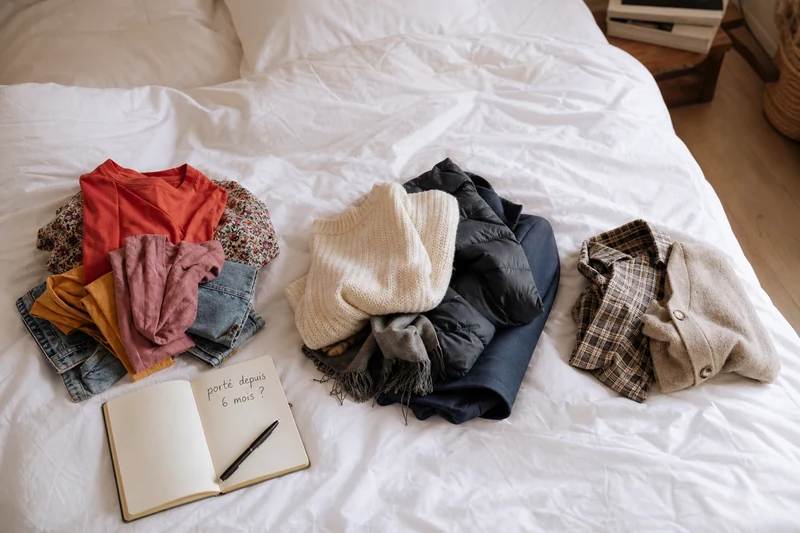 Trois tas de vêtements triés été, hiver et doute sur un lit avant rangement saisonnier