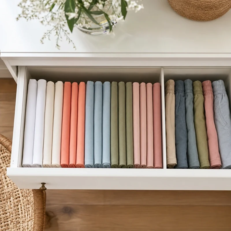 Tiroir organisé en pliage vertical avec t-shirts d'été alignés comme des livres