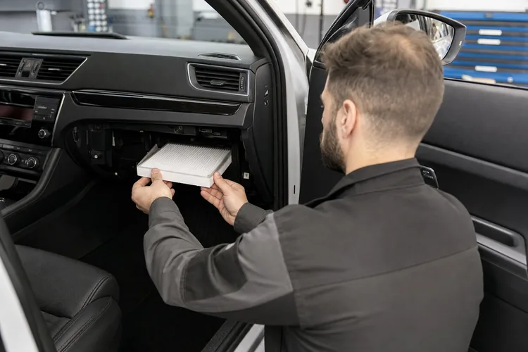 Mécanicien insérant un filtre d'habitacle neuf derrière la boîte à gants d'une voiture en garage