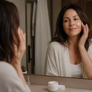 Femme appliquant sa crème de nuit le soir devant le miroir