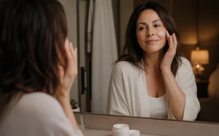 Femme appliquant sa crème de nuit le soir devant le miroir