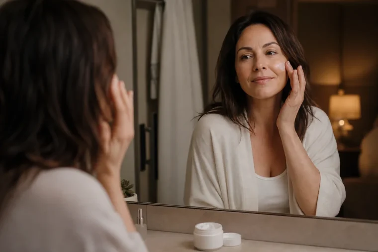 Femme appliquant sa crème de nuit le soir devant le miroir