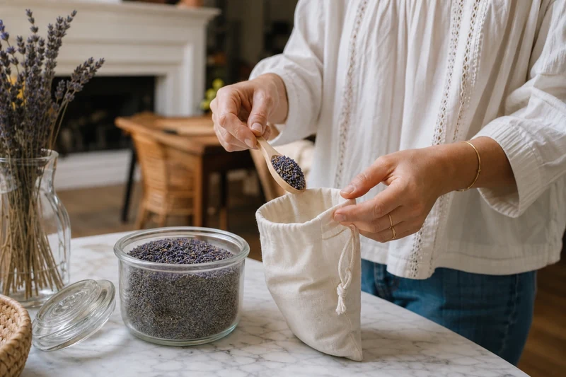 Verser 15 à 20 g de fleurs de lavande séchée dans le sachet en coton à l'aide d'une petite cuillère en bois