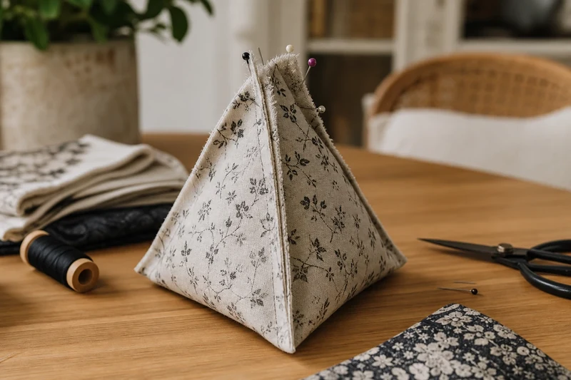 Astuce couture : superposer les deux coutures latérales pour transformer le sachet plat en pyramide, ouverture épinglée pour finition