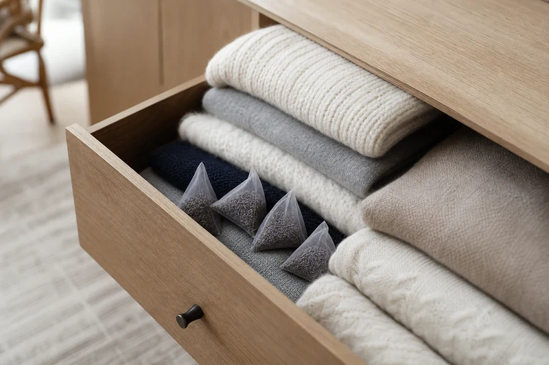 Quatre sachets de lavande en pyramide glissés entre des pulls en laine pliés dans un tiroir d'armoire en bois clair