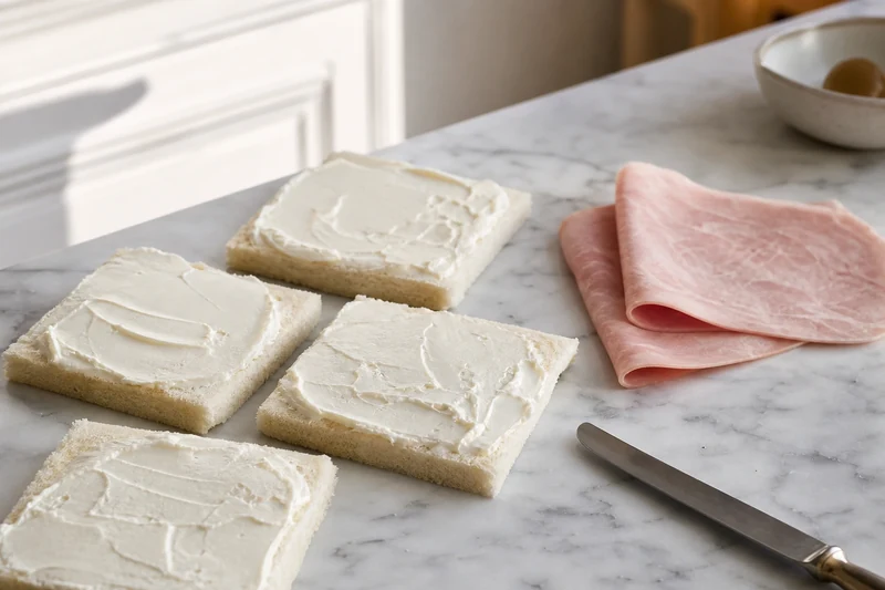 Tranches de pain de mie tartinées de fromage frais et jambon blanc prêtes à assembler