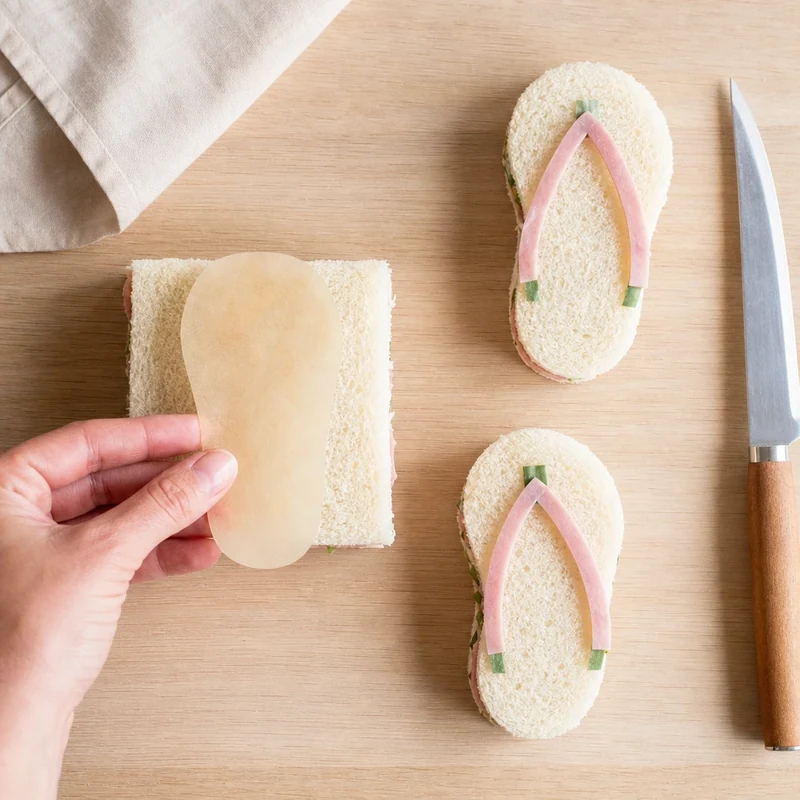 Découpe du sandwich en forme de tong à l'aide d'un gabarit en papier sulfurisé