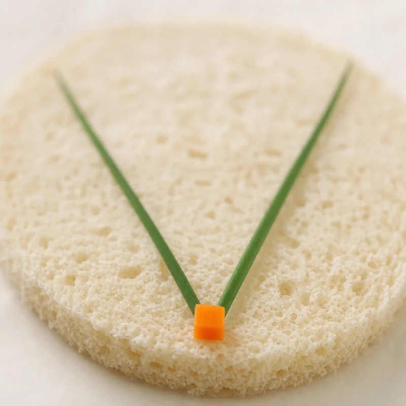 Détail des brides en ciboulette et du cabochon en carotte crue sur un sandwich-tong