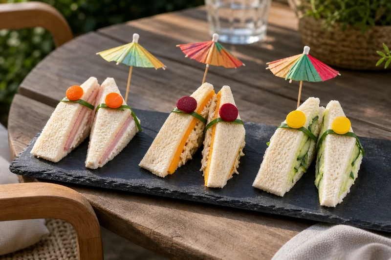 Trois variantes de sandwiches-tongs : jambon-fromage, cheddar-poulet effiloché, végétarienne