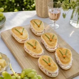 Sandwiches en forme de tongs disposés par paires sur une planche en bois avec fruits d'été