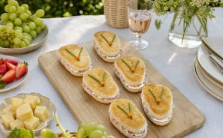 Sandwiches en forme de tongs disposés par paires sur une planche en bois avec fruits d'été