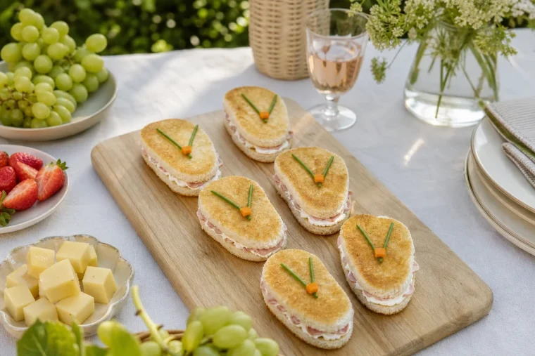Sandwiches en forme de tongs disposés par paires sur une planche en bois avec fruits d'été